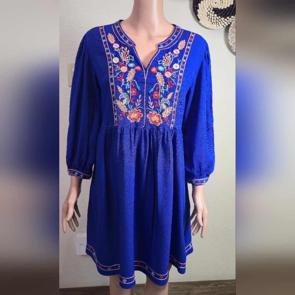 Solitaire Royal Blue Embroidered Bohemian Peasant Dress With Pockets Size Large
